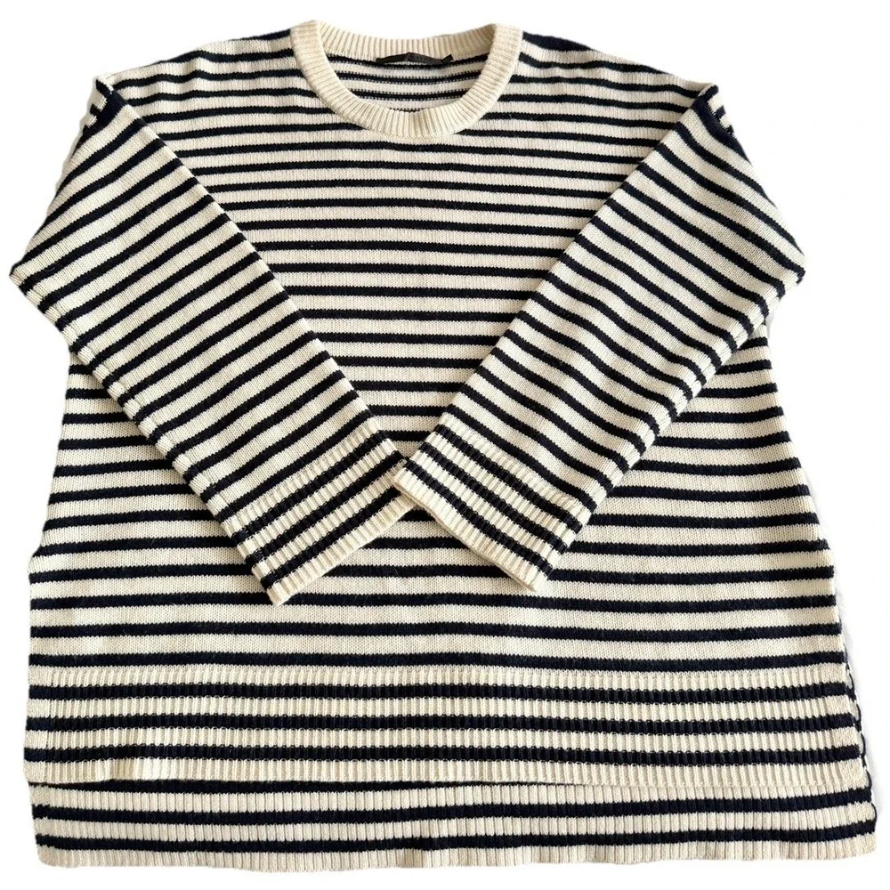 Jenni Kayne 100% Cashmere Boyfriend Sweater Navy Striped Nautical Luxury‎ L